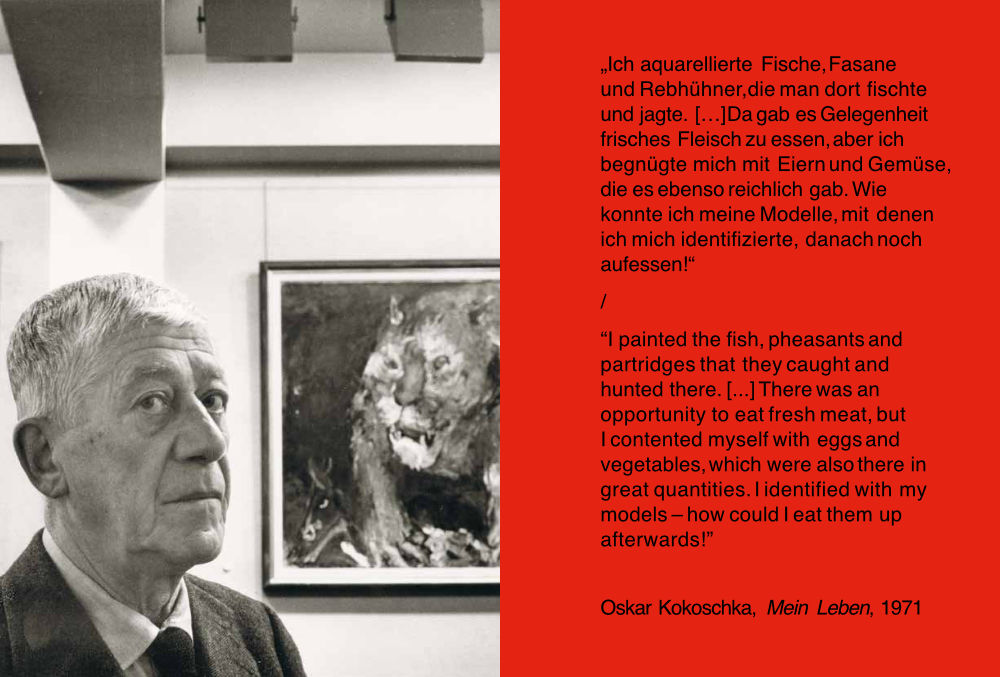 Seitenprobe Katalogteil. Oskar Kokoschka in einer Ausstellung vor einem seiner Tiergemälde und ein Zitat Kokoschkas zu Tieren