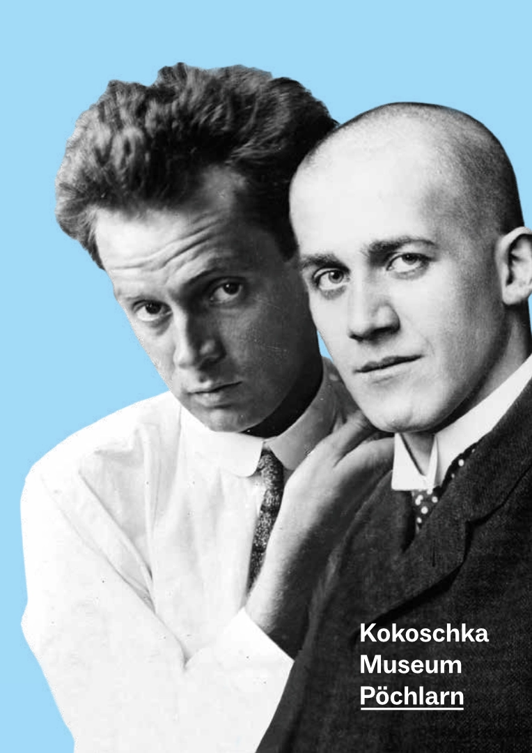 Die Porträts der Jungen Künstler Egon Schiele und Oskar Koschka vor hellblauem Hintergrund